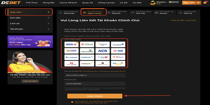 Hướng dẫn các bước Nạp Tiền Debet qua ngân hàng, ví, thẻ cào